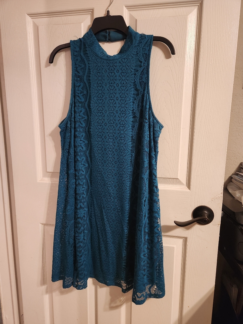 City Triangles Teal Lace High-Neck Mini Dress